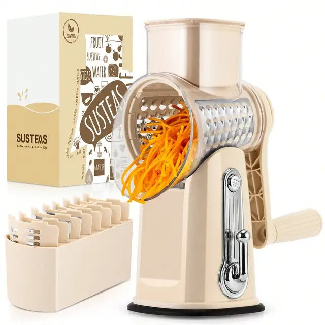 SUSTEAS Rotary Cheese Grater with Handle Strong Suction Base 5 Blades