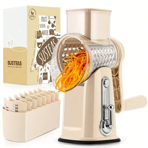 SUSTEAS Rotary Cheese Grater with Handle Strong Suction Base 5 Blades