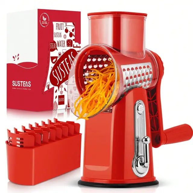 SUSTEAS Rotary Cheese Grater with Handle Strong Suction Base 5 Blades