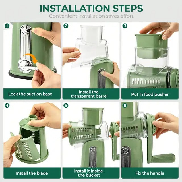 SUSTEAS Rotary Cheese Grater with Handle Strong Suction Base 5 Blades