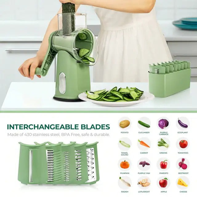 SUSTEAS Rotary Cheese Grater with Handle Strong Suction Base 5 Blades
